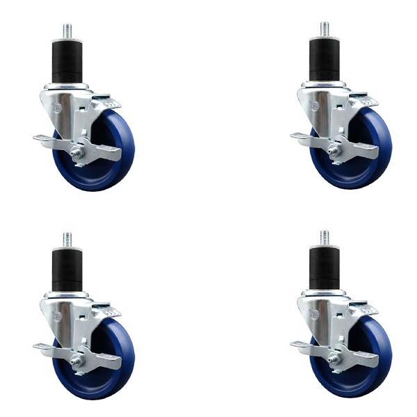 4'' Solid Poly Swivel 1-3/4'' Expanding Stem Caster Set with Brake, 4PK